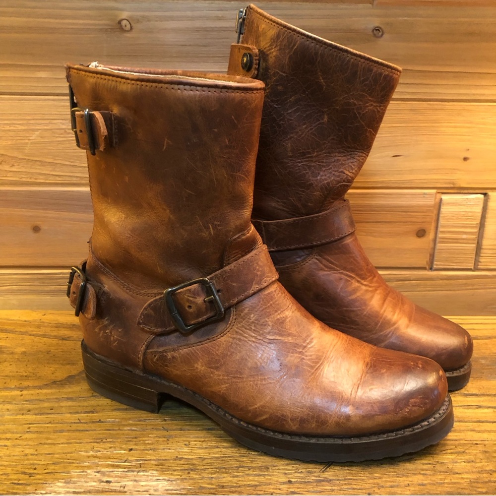 Frye Leather brown distressed mid zip boots